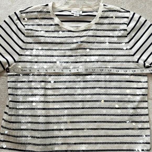 J. CREW NWT sequin Striped tee size S ivory with navy stripe, clear sequins - Picture 4 of 5